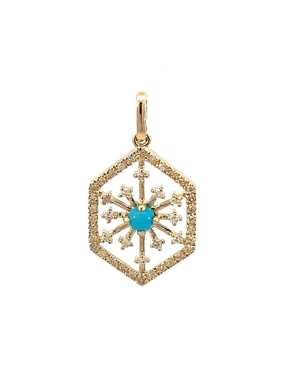 Gold Hexagon Snowflake Pendant with Turquoise Center - Women Jewelry